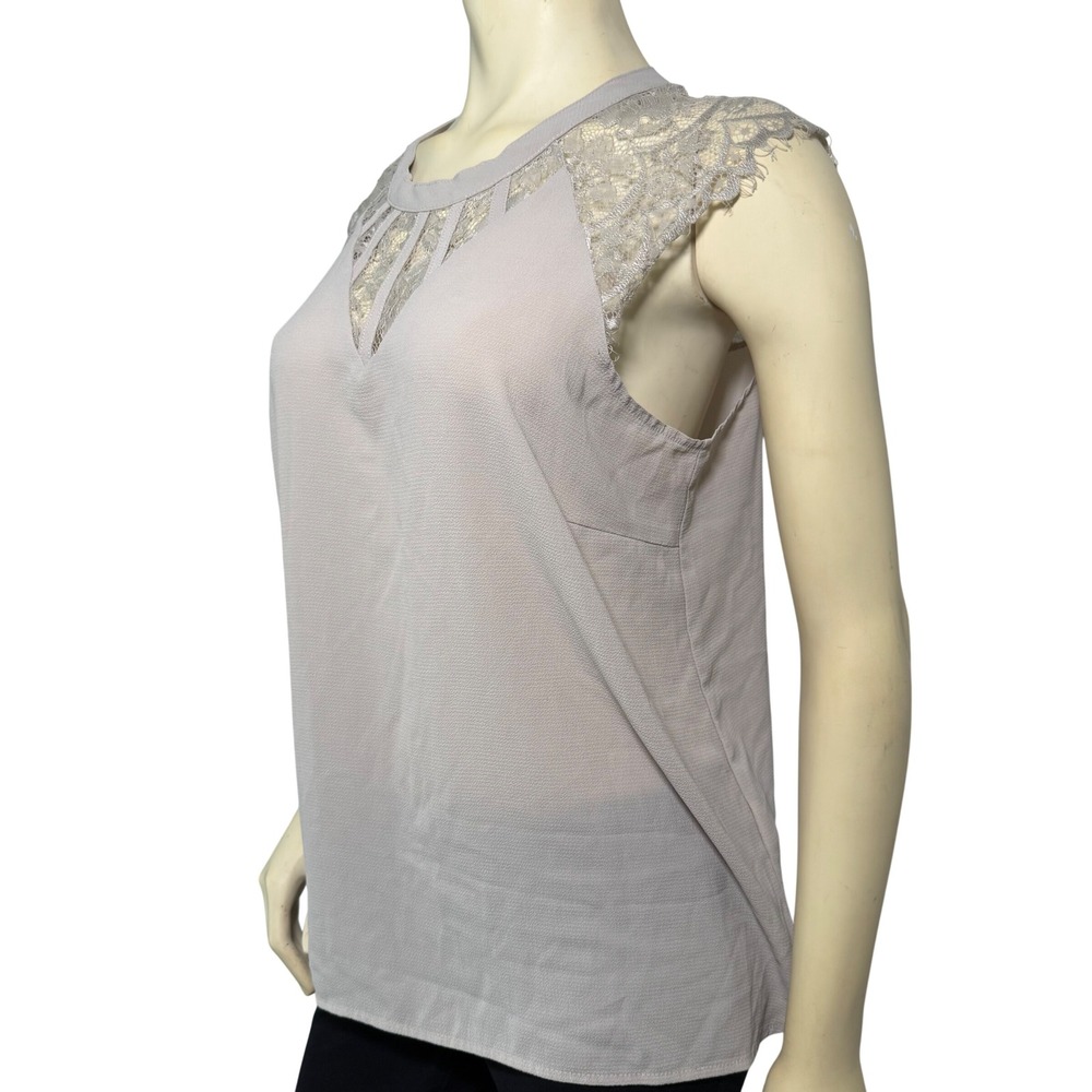 Luna Rae Womens Lace Shoulder Caged Neck Blouse Taupe Sleeveless Top Large - Picture 3 of 8